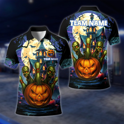 Personalized Skull Pumpkin Bowling Polo Shirt Mens, Custom Halloween Bowling Shirt For Team BE0249