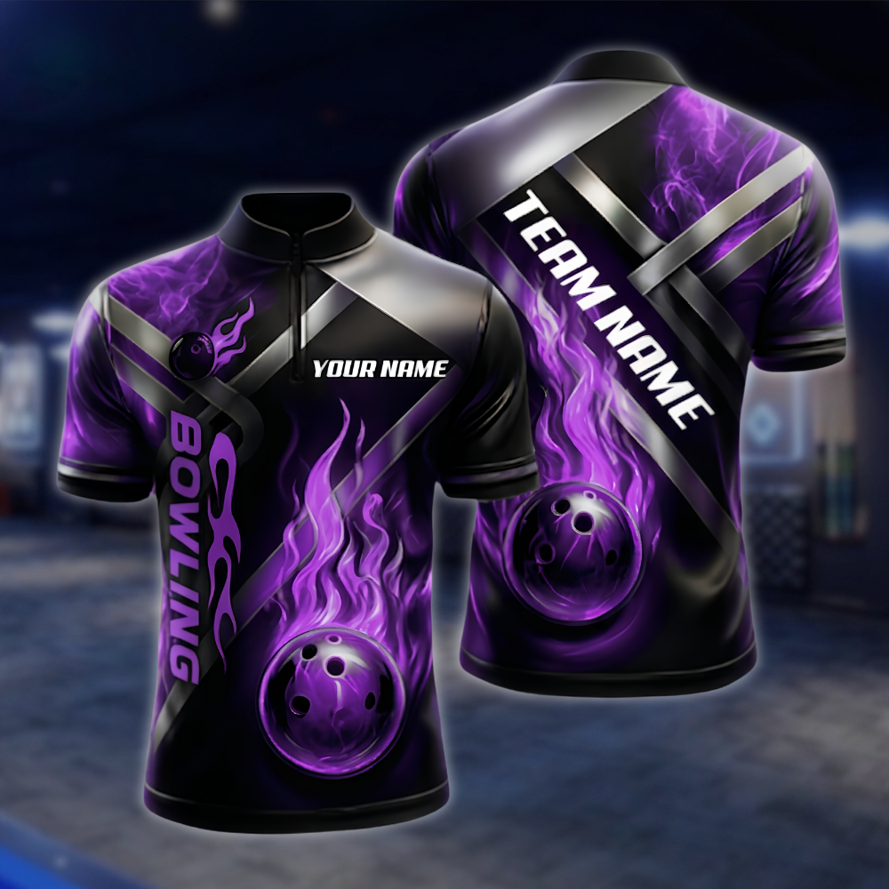 Personalized Flame Ball Green Black Bowling Jersey Men, Custom Flame Bowling Shirt Team BZ0964