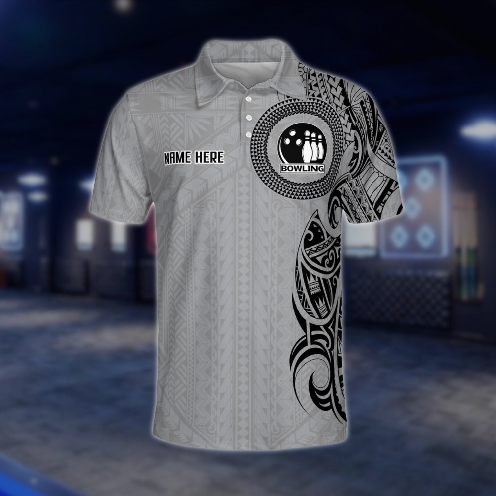 Custom Tribal Grey Black Bowling Mens Polo Shirt, Custom Tribal Bowling Team Shirts BZ0205