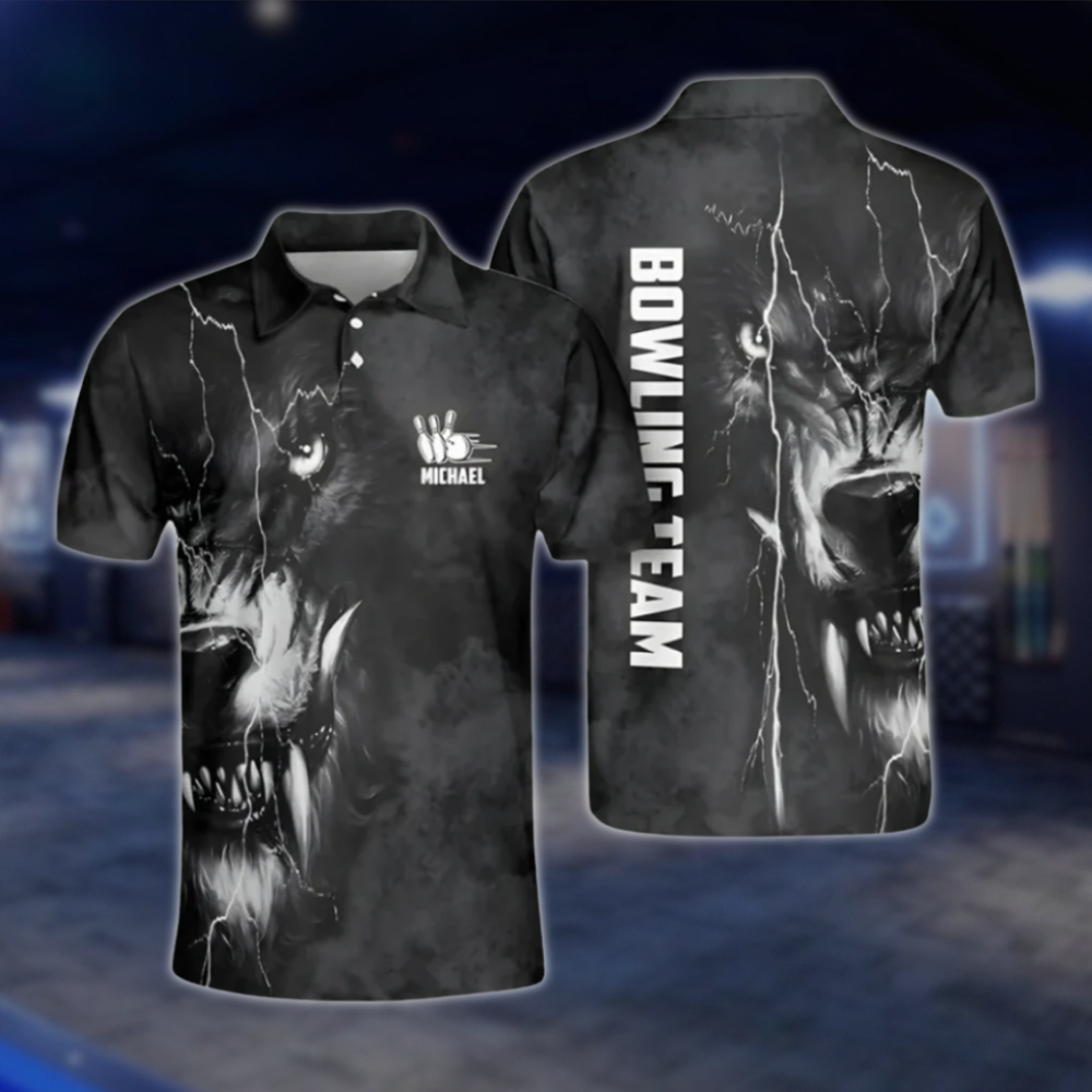 Personalized Mens Wolf Bowling Polo Shirts Black, Custom Wolf Bowling Shirt For Team BZ0200