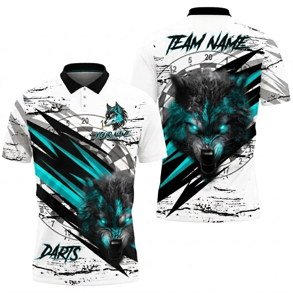 Mens Wolf Purple and White Personalized Darts Button Polo
