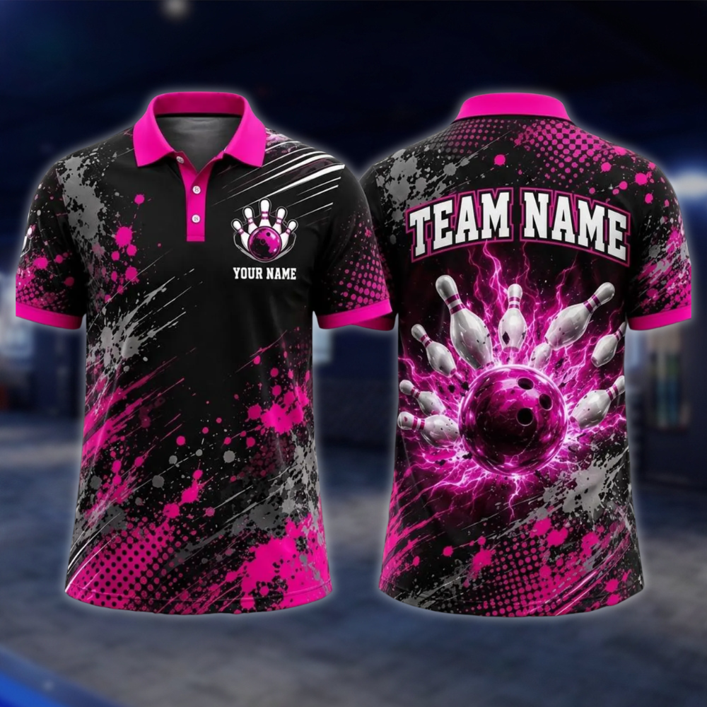 Personalized Thunder Bowling Mens Polo Shirts Black And Blue, Custom Thunder Bowling Team Shirts BE0241