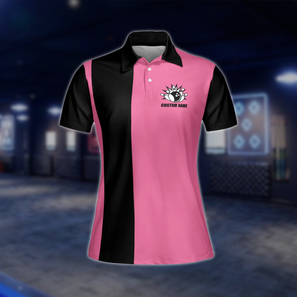 Custom Womens Pink And White Bowling Polo Shirt, Custom Name Bowling Shirts For Ladies BE0018