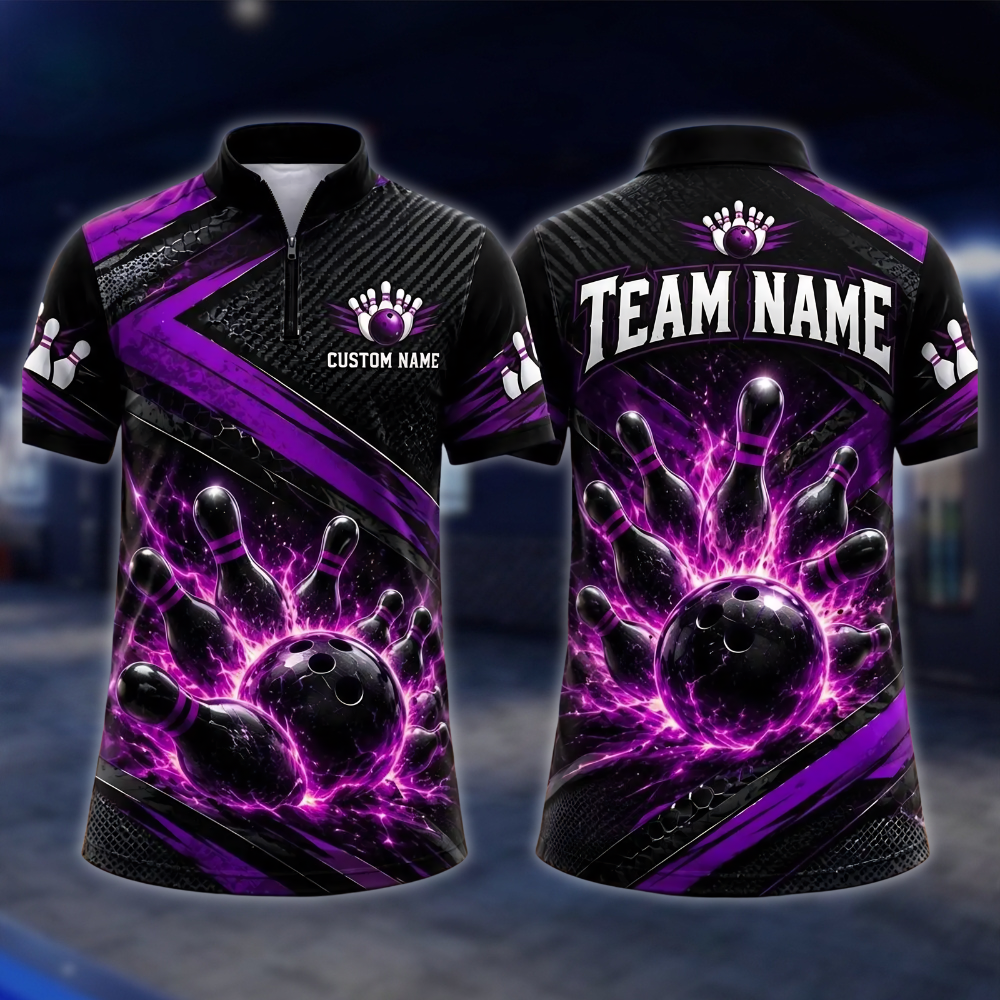 Personalized Blue Lighting Bowling Team Jersey For Men, Custom Bowling Shirts BE0256