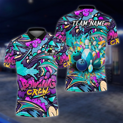 Personalized Graffiti Bowling Mens Polo Shirt, Custom Team Bowling Shirts BZ0857