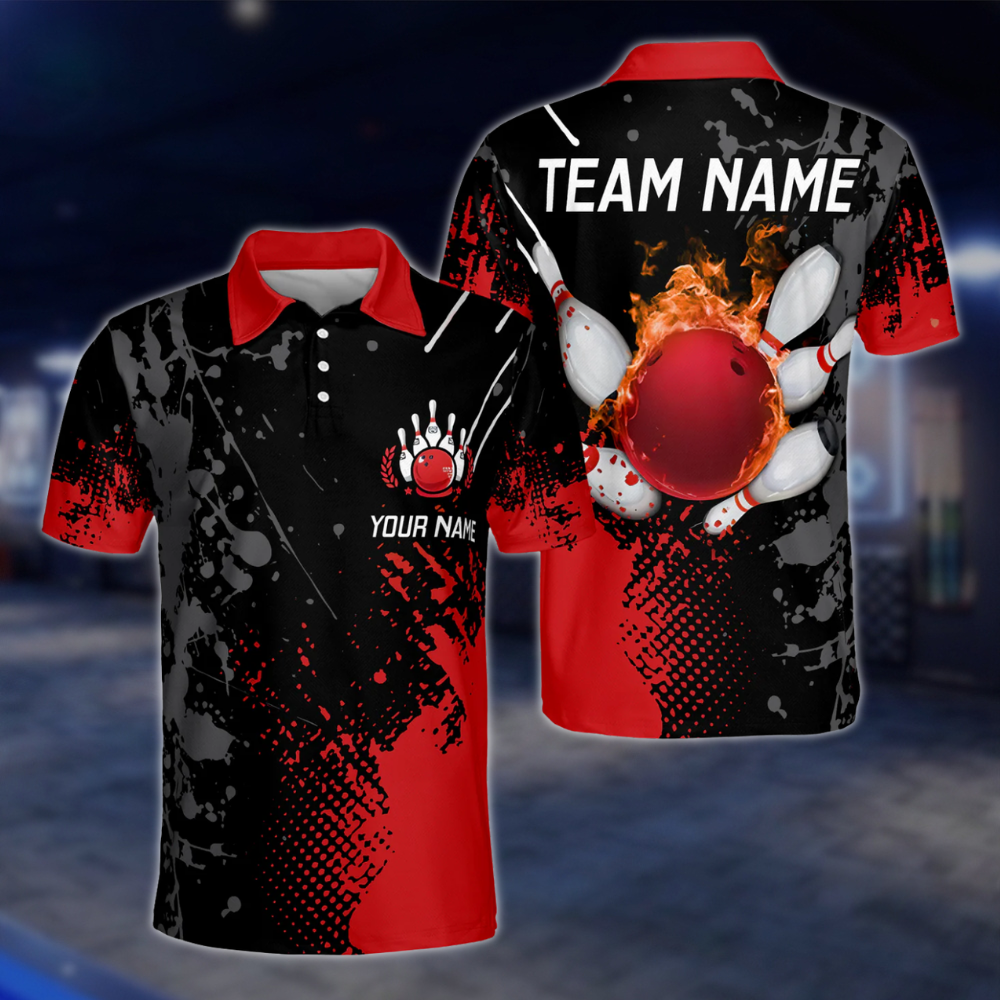 Custom Flaming Ball Bowling Polo Mens Shirt Blue, Custom Flame Bowling Team Shirts BZ0086