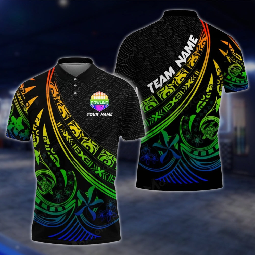 Tribal Black And Cyan Custom Bowling Polo Shirt For Mens, Custom Tribal Bowling Team Shirts BO0201