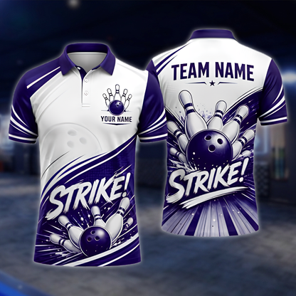 Personalized White Blue Strike Bowling Team Polo Shirt, Custom Men Bowling Shirt BZ0971