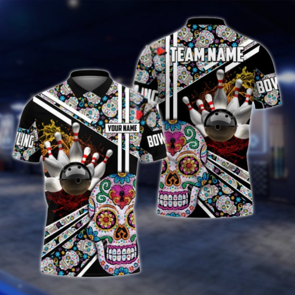 Sugar Skull Custom Mens Bowling Polo Shirt, Custom Skull Day Of The Dead Bowling Team Shirts BO0337