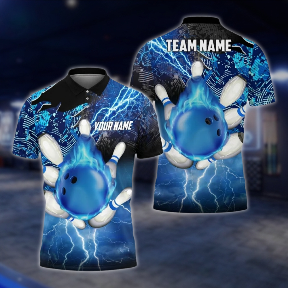Personalized Flame Men's Blue Bowling Polo Shirt, Custom Team Flame Bowling Shirts BZ0734