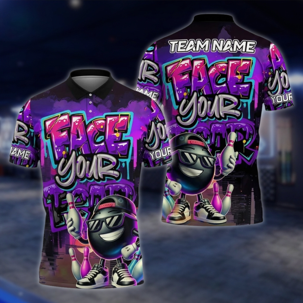 Face Your Fear Personalized Fun Ball Bowling Polo Shirt Men, Custom Funny Team Bowling Shirt Graffiti BZ0859