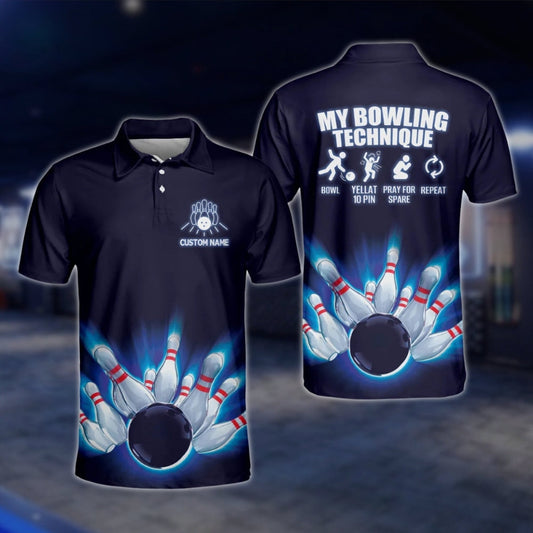 Custom My Bowling Technique Mens Navy Blue Bowling Polo Shirt, Custom Fuuny Bowling Shirts BM0026