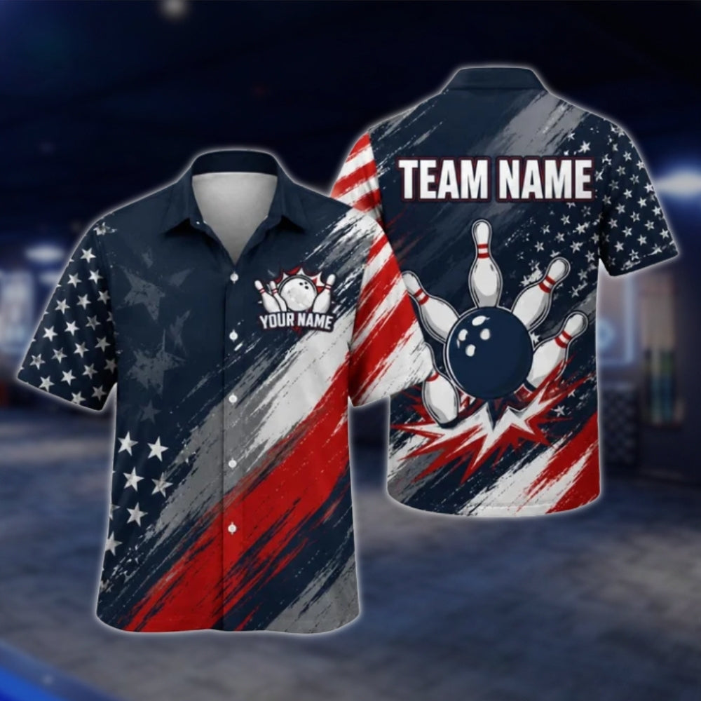 Personalized American Flag Bowling Hawaiian Shirt For Men, Custom Patriot Bowling Team Shirts BE0214