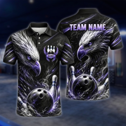 Personalized Eagle Golf Black Men's Bowling Polo Shirt, Custom Eagle Bowling Shirt For Team BZ0871
