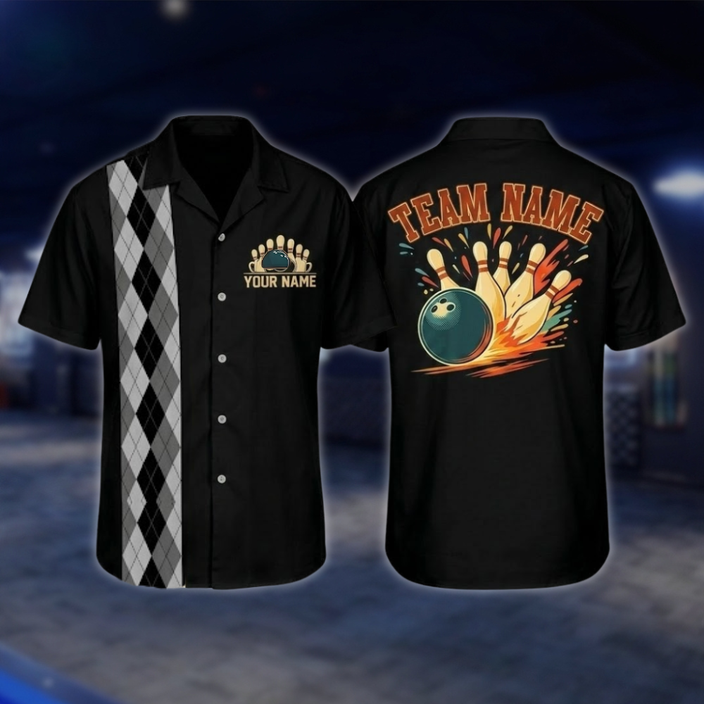 Personalized Argyle Navy Retro Bowling Hawaiian Shirt For Men, Custom Retro Bowling Shirt For Team BZ0797