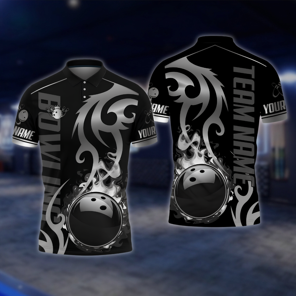 Personalized Flame Black Gold Bowling Polo Shirt, Custom Flame Bowling Shirt For Team BZ0905