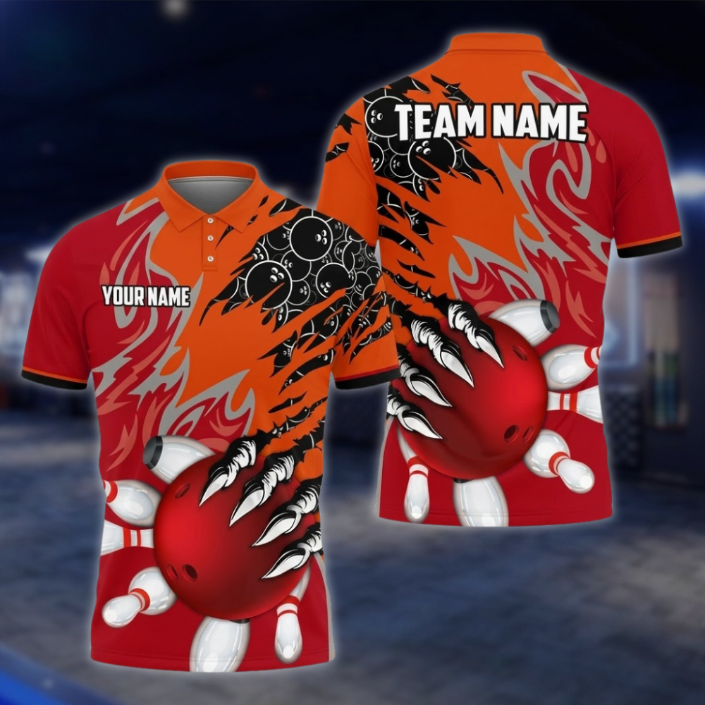 Personalized Team Orange Blue Grunge Bowling Polo Shirt, Custom Bowling Shirt For Men BZ0855