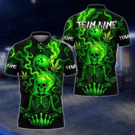 Custom Skeleton Flaming Green Bowling Polo Shirt For Mens, Custom Team Skull Bowling Shirts BE0192