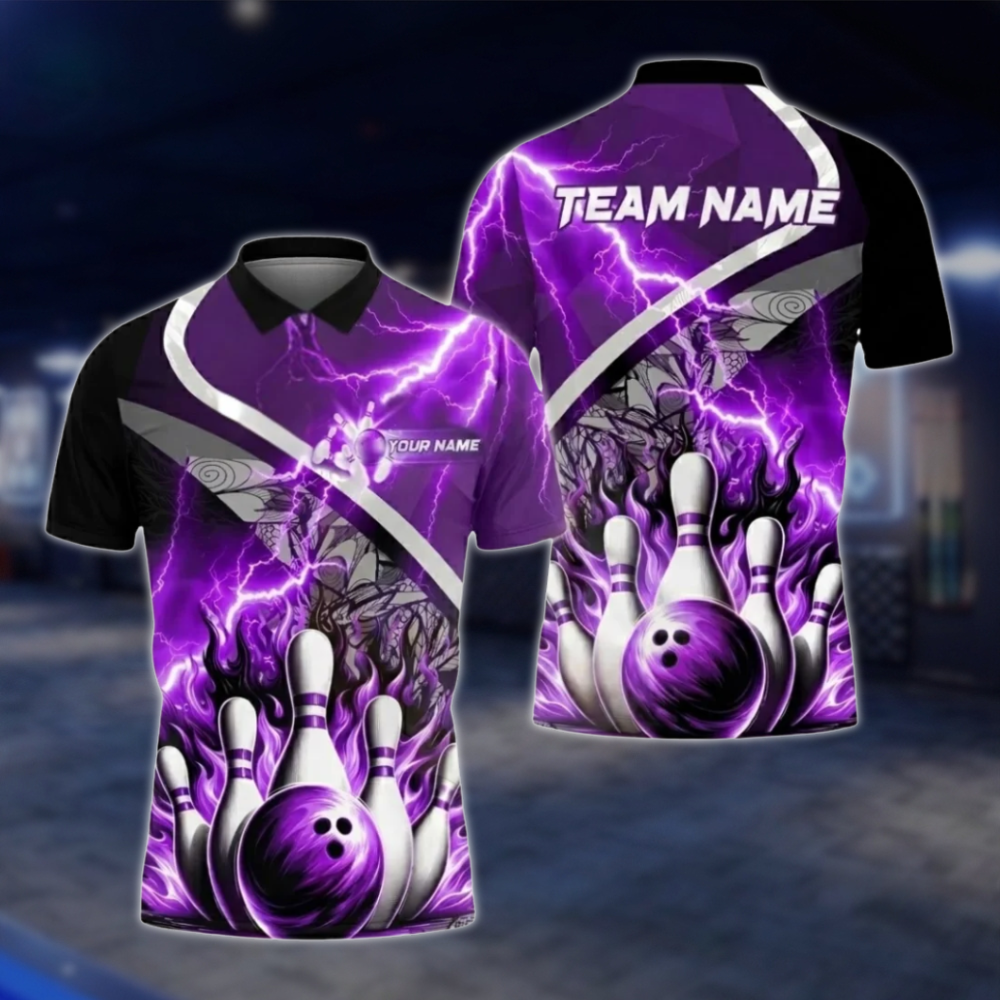 Personalized Blue Flame Thunder Bowling Polo Shirt Men, Custom Flame Bowling Shirt Team BZ0804