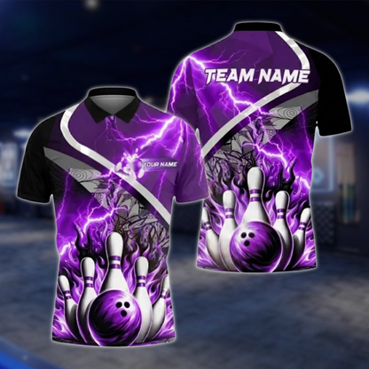 Personalized Blue Flame Thunder Bowling Polo Shirt Men, Custom Flame Bowling Shirt Team BZ0804