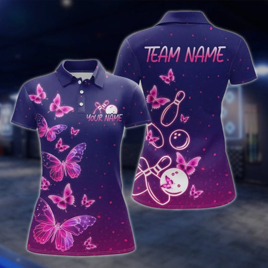 Butterflies Custom Purple Bowling Polo Shirt Women, Custom Butterfly Bowling Team Shirts For Ladies BZ0357