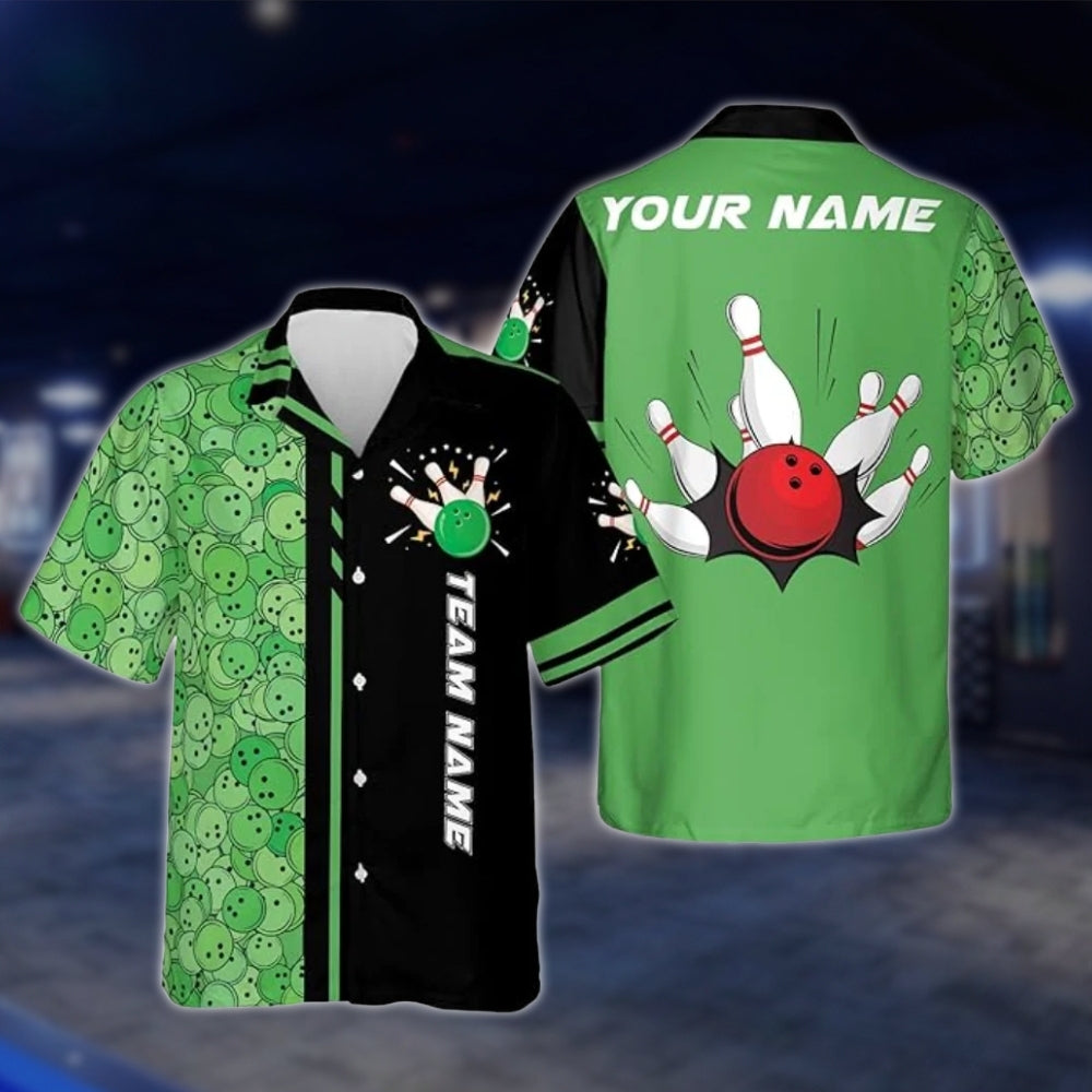 Custom Team Black And Green Bowling Hawaiian Shirt For Men Women, Custom Bowling Team Shirts BZ0041