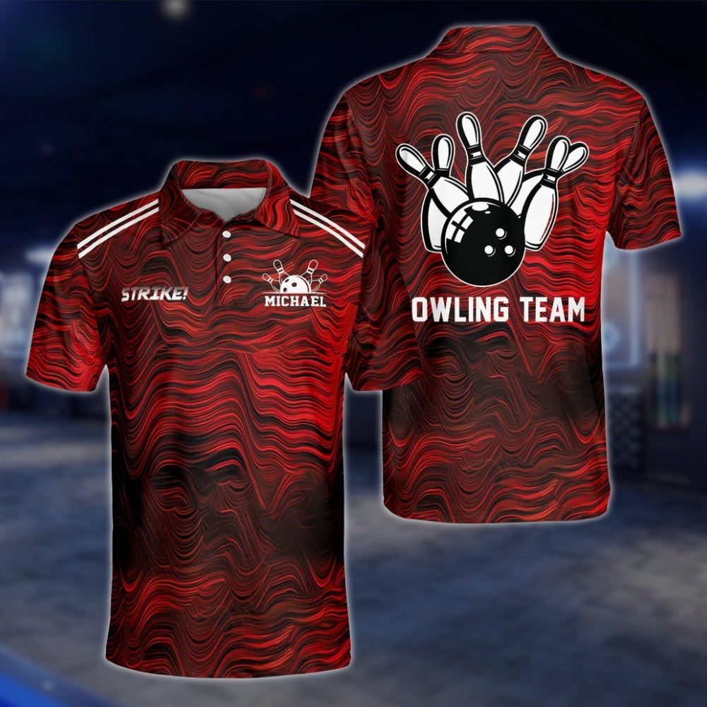 Custom Team Red Wave Abstract Bowling Polo Shirts For Mens, Custom Bowling Team Shirt BZ0170