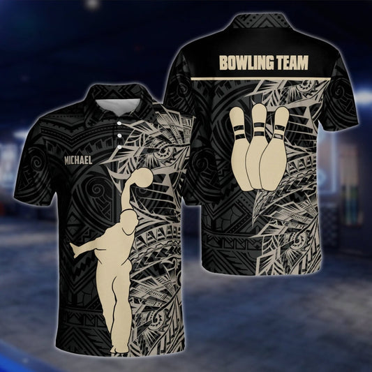 Custom Tribal Bowling Polo Shirt For Mens, Black And Beige Custom Tribal Bowling Team Shirts BZ0169