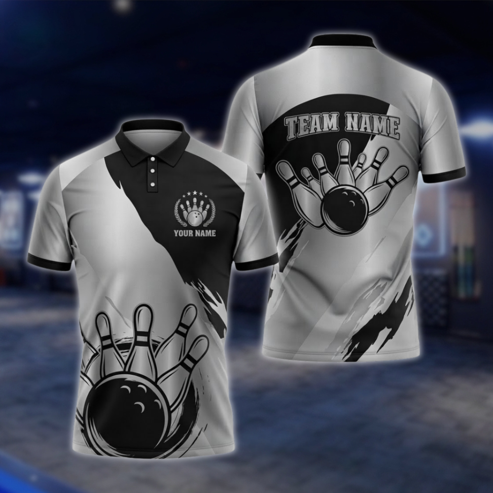 Personalized Silver Black Mens Bowling Polo Shirt For Men, Custom Team Bowling Shirt BZ0931