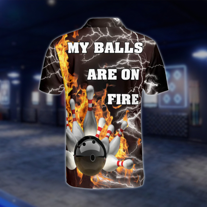 Personalized My Ball Are On Fire Bowling Polo Shirts Mens, Custom Funny Bowling Shirts BZ0014