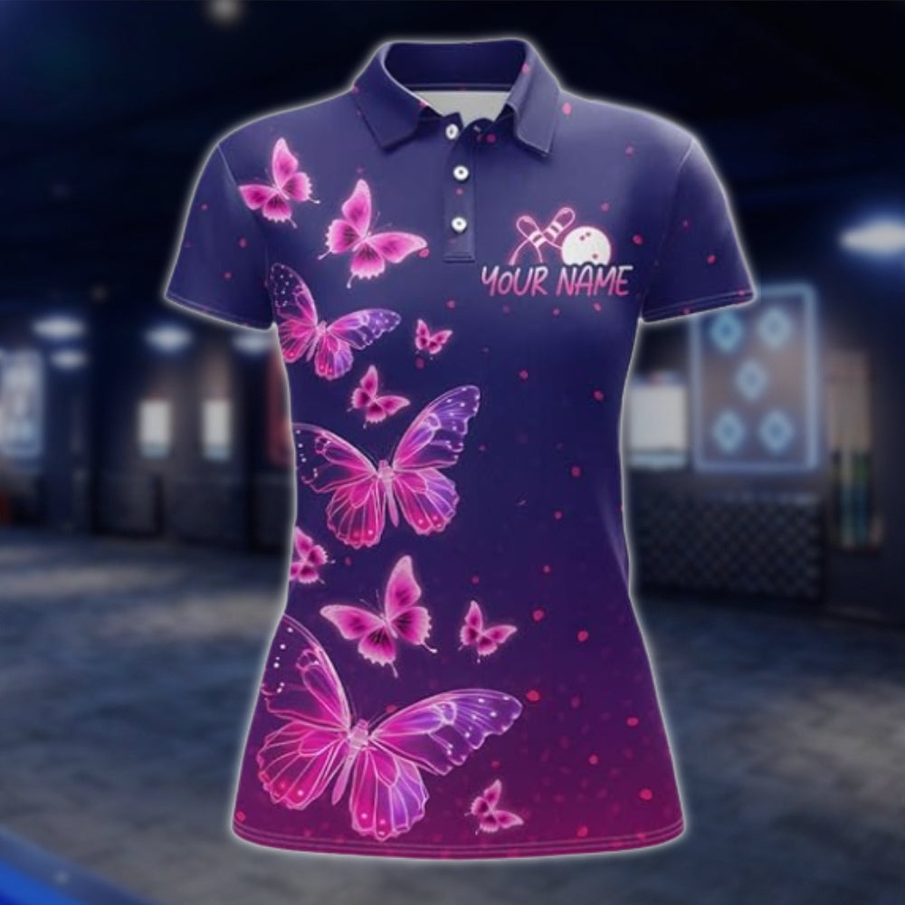 Butterflies Custom Purple Bowling Polo Shirt Women, Custom Butterfly Bowling Team Shirts For Ladies BZ0357