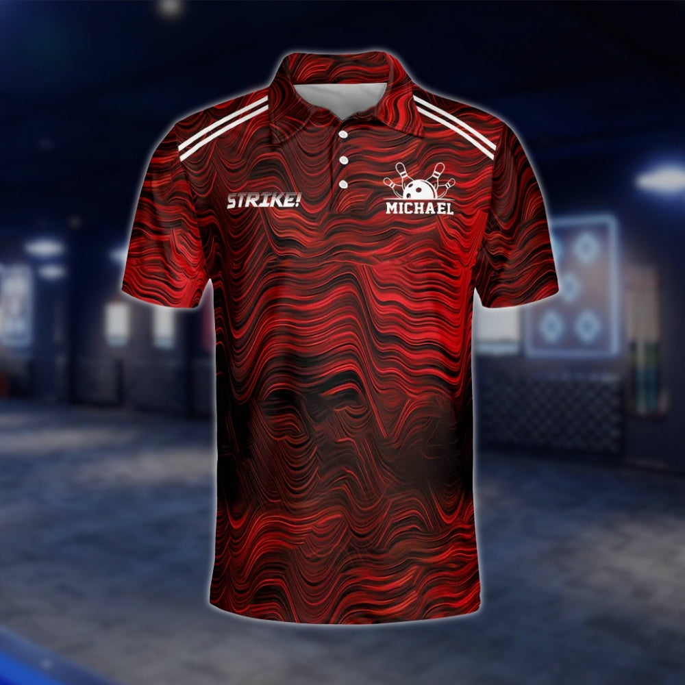 Custom Team Red Wave Abstract Bowling Polo Shirts For Mens, Custom Bowling Team Shirt BZ0170