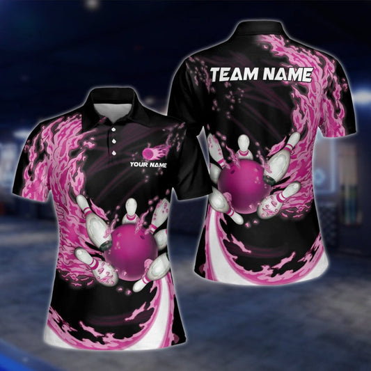 Women's Custom Pink Flame Bowling Polo Shirt, Custom Flame Bowling Team Shirts For Ladies BW0139