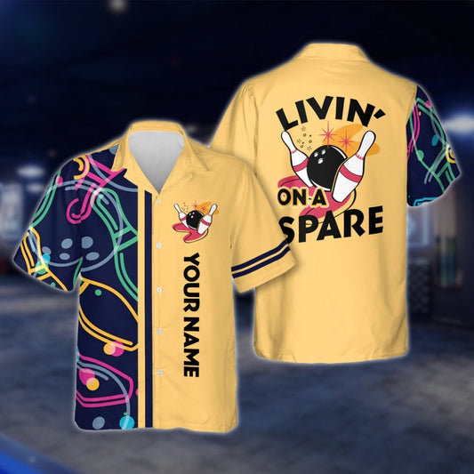 Livin' On A Spare Custom Yellow Bowling Hawaiian Shirt Men And Women, Custom Funny Bowling Shirts BE0019