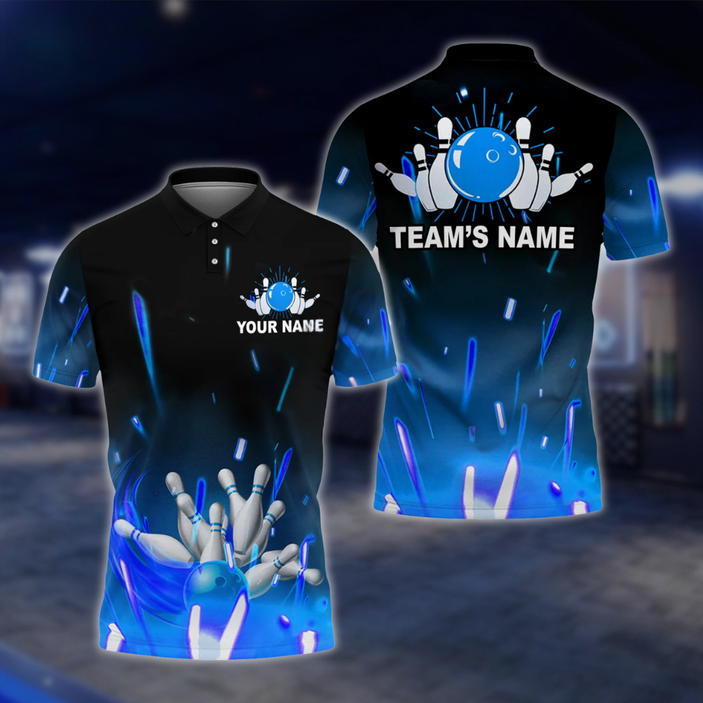 Personalized Blue Lightning Mens Bowling Team Polo Shirt, Custom Bowling Shirt Black Blue BZ0750