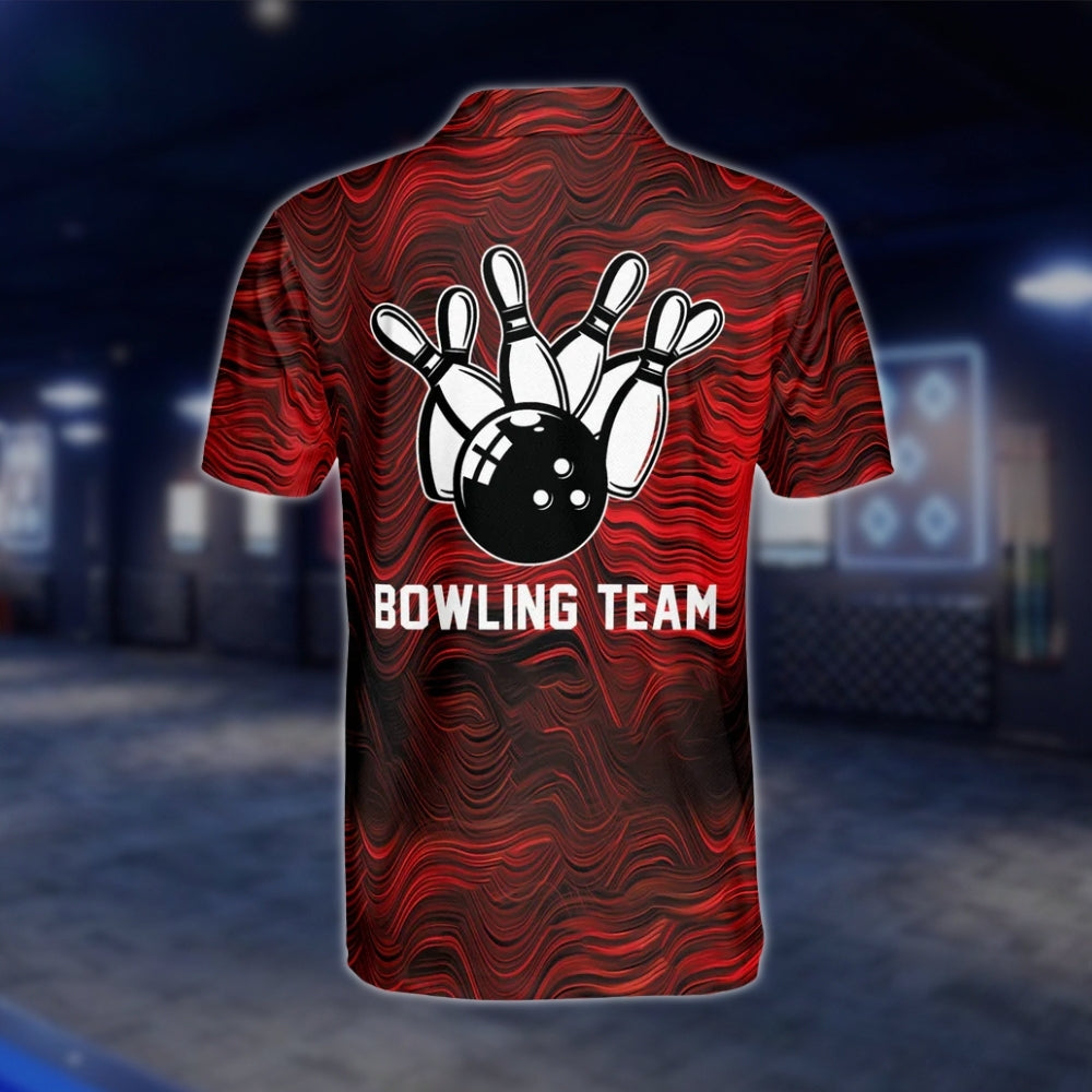 Custom Team Red Wave Abstract Bowling Polo Shirts For Mens, Custom Bowling Team Shirt BZ0170