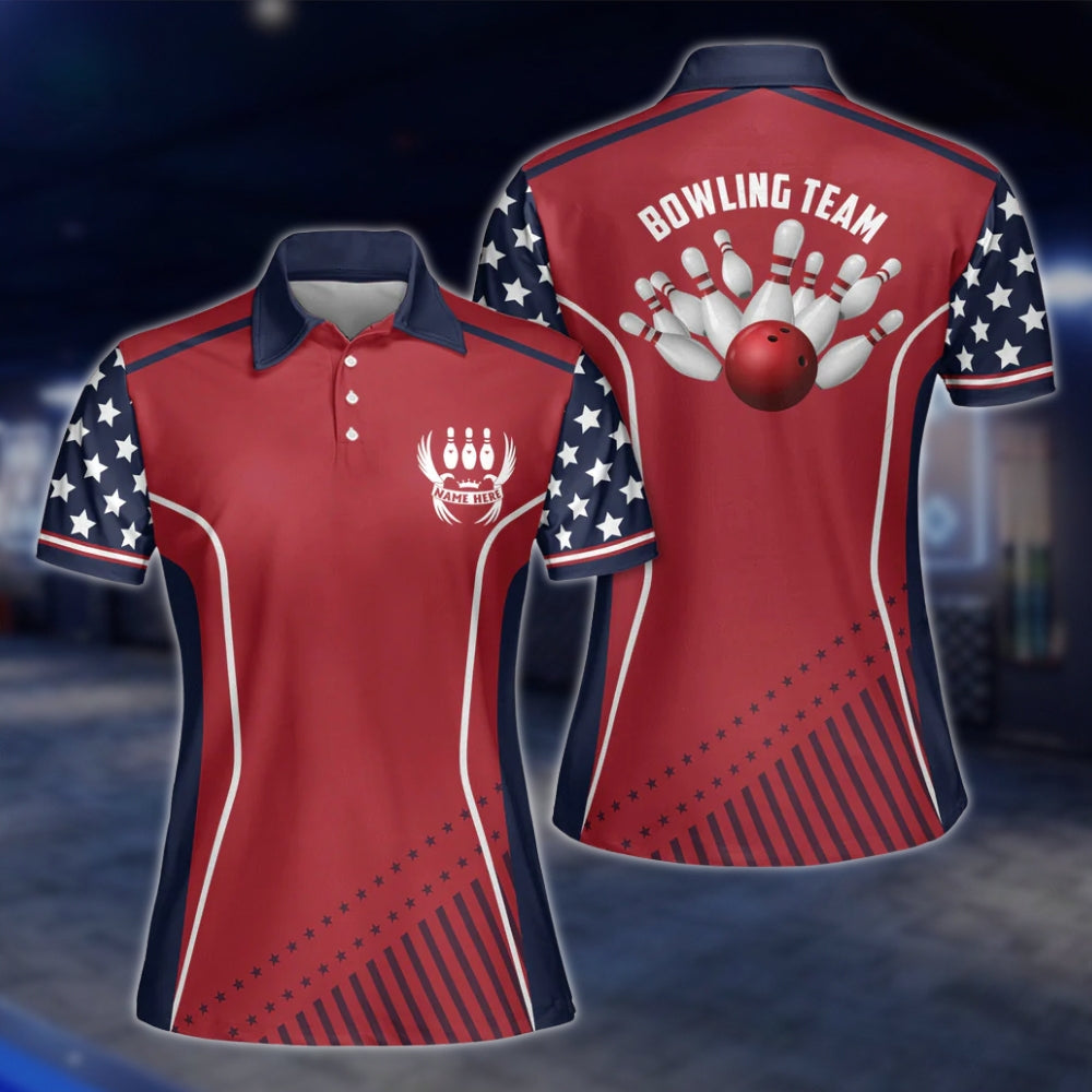 Custom Womens Red Navy USA Flag Bowling Polo Shirt, Custom Patriotic Bowling Team Shirts For Ladies BZ0146