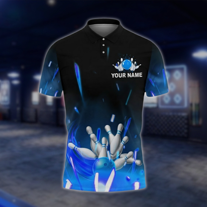 Personalized Blue Lightning Mens Bowling Team Polo Shirt, Custom Bowling Shirt Black Blue BZ0750