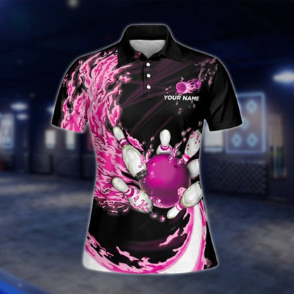 Women's Custom Pink Flame Bowling Polo Shirt, Custom Flame Bowling Team Shirts For Ladies BW0139