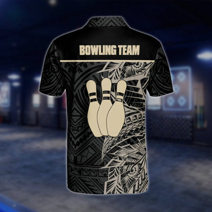 Custom Tribal Bowling Polo Shirt For Mens, Black And Beige Custom Tribal Bowling Team Shirts BZ0169
