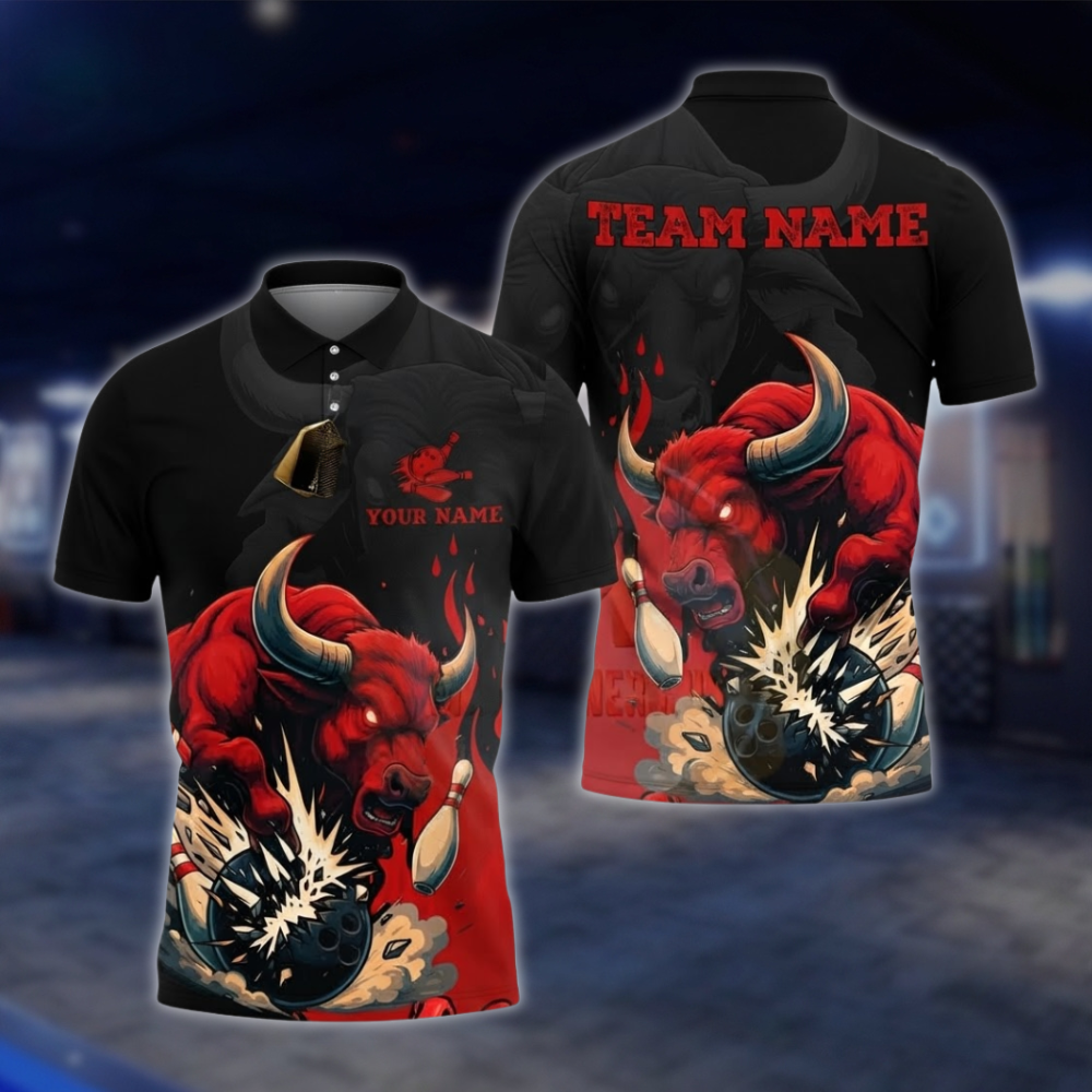 Personalized Bull Men's Red And Black Bowling Polo Shirt, Custom Bull Team Bowling Shirt BZ0932
