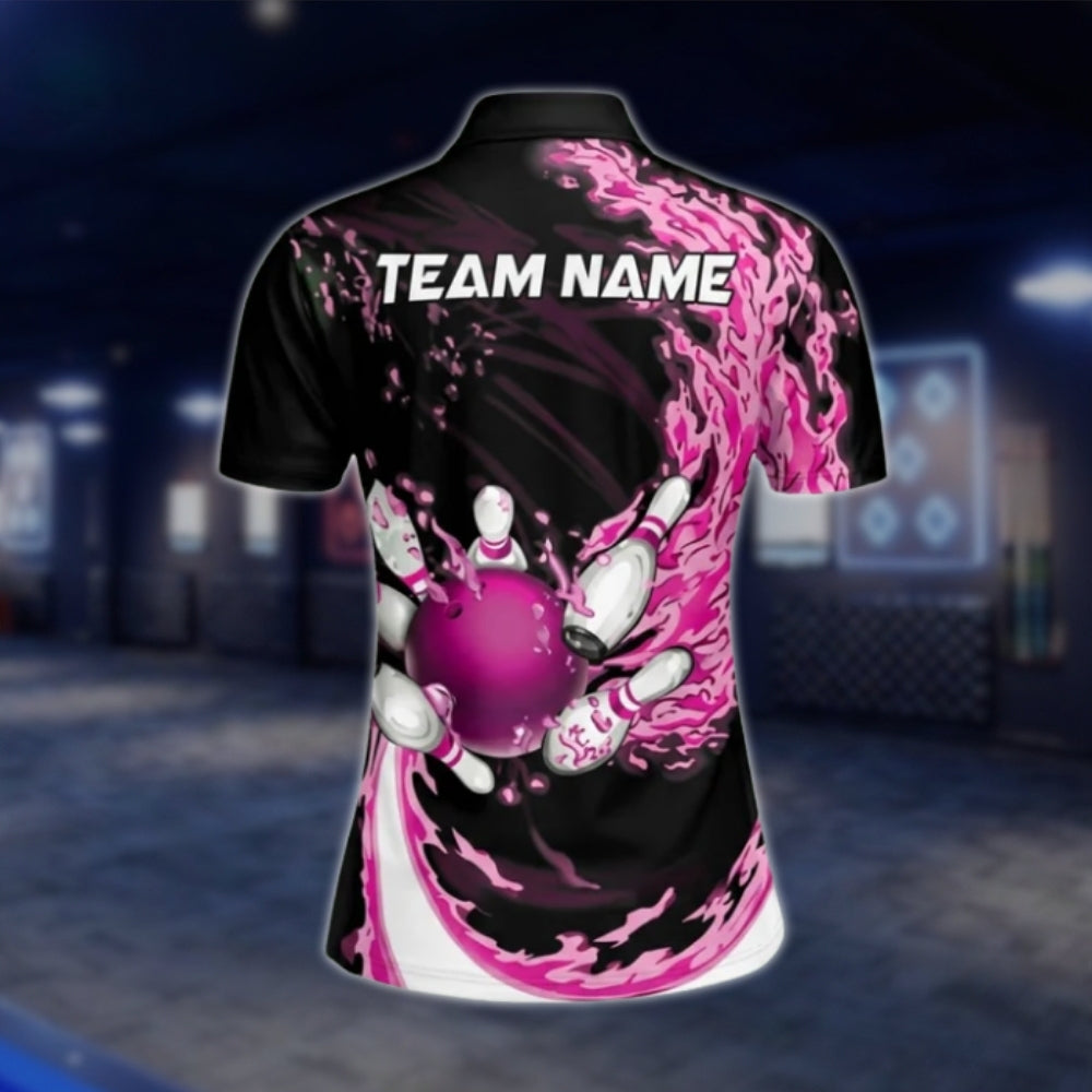 Women's Custom Pink Flame Bowling Polo Shirt, Custom Flame Bowling Team Shirts For Ladies BW0139
