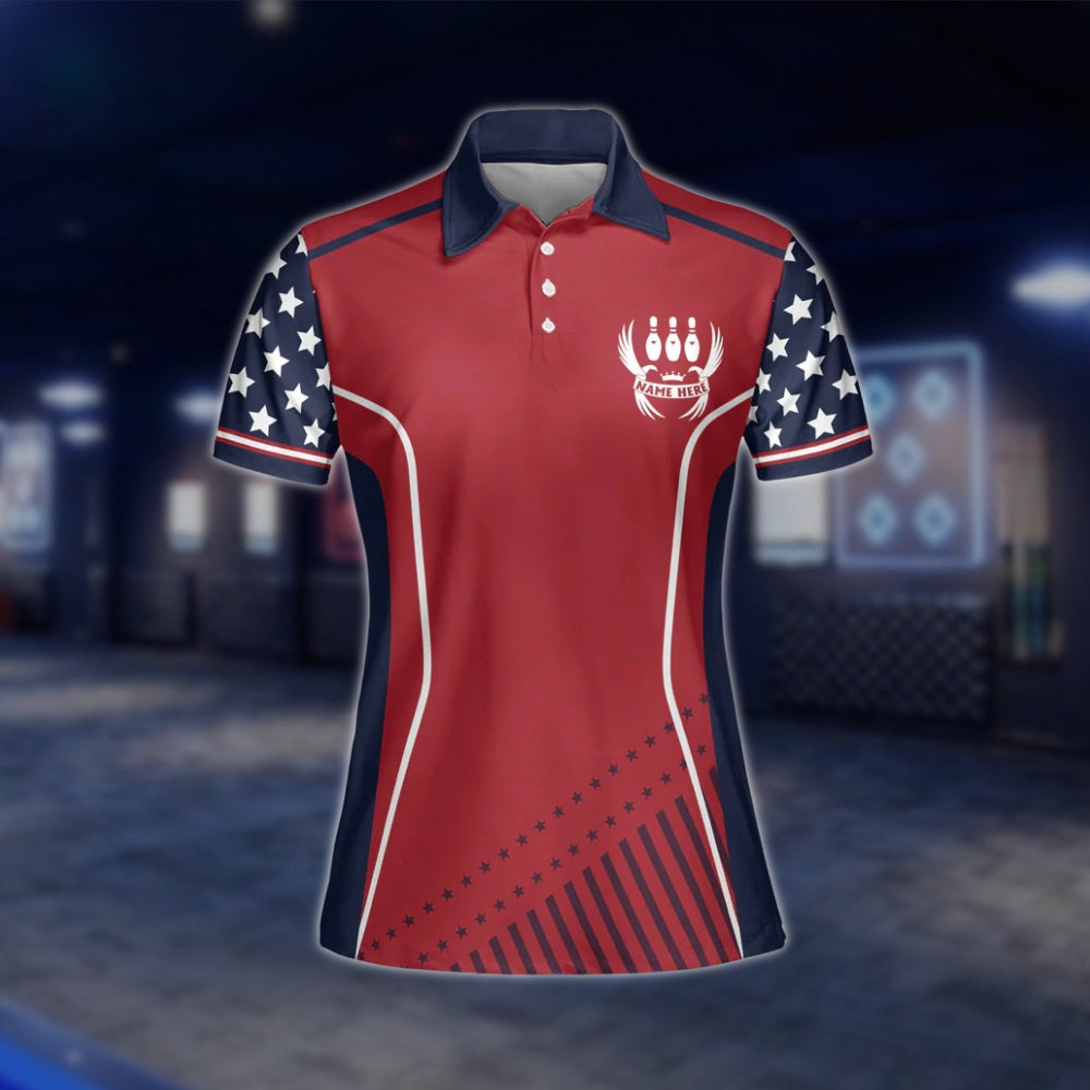 Custom Womens Red Navy USA Flag Bowling Polo Shirt, Custom Patriotic Bowling Team Shirts For Ladies BZ0146