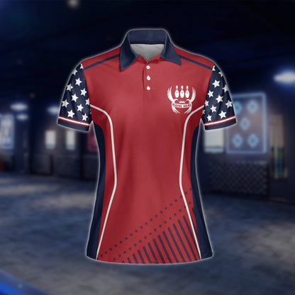 Custom Womens Red Navy USA Flag Bowling Polo Shirt, Custom Patriotic Bowling Team Shirts For Ladies BZ0146