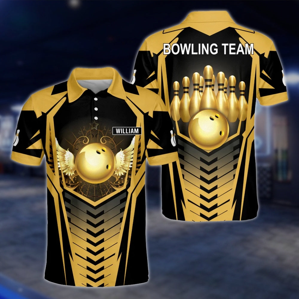 Custom Team Golden Black Bowling Mens Polo Shirt, Custom Bowling Shirts BZ0166