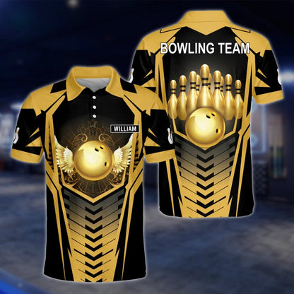 Custom Team Golden Black Bowling Mens Polo Shirt, Custom Bowling Shirts BZ0166