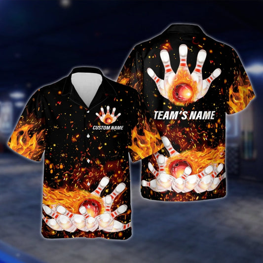 Custom Flaming Ball And Pins Bowling Hawaiian Shirt Mens, Custom Flame Bowling Shirts For Team BZ0139