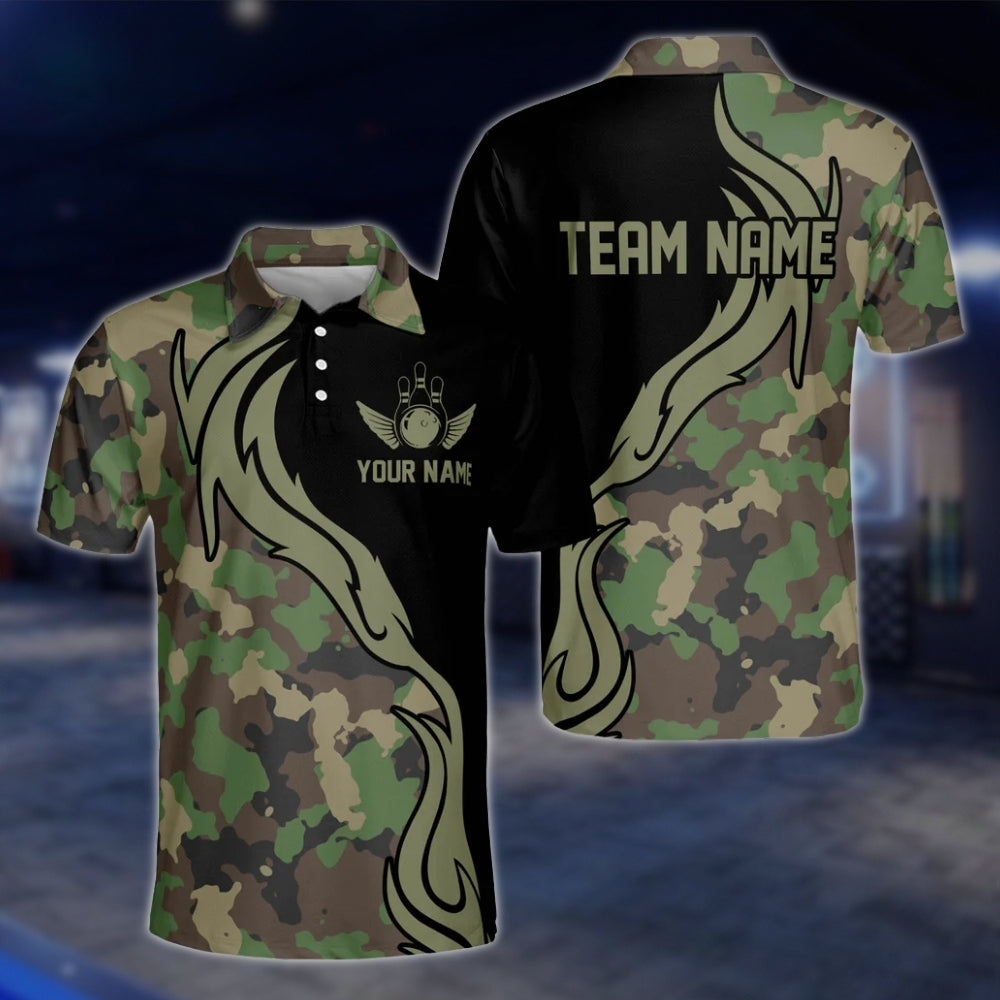 Custom Green Camouflage Bowling Mens Polo Shirt, Custom Camo Bowling Team Shirts BM0334
