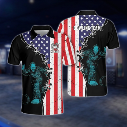 Personalized Bigfoot USA Flag Men's Bowling Polo Shirt, Custom Sasquatch Bowling Shirt For Team BZ0784