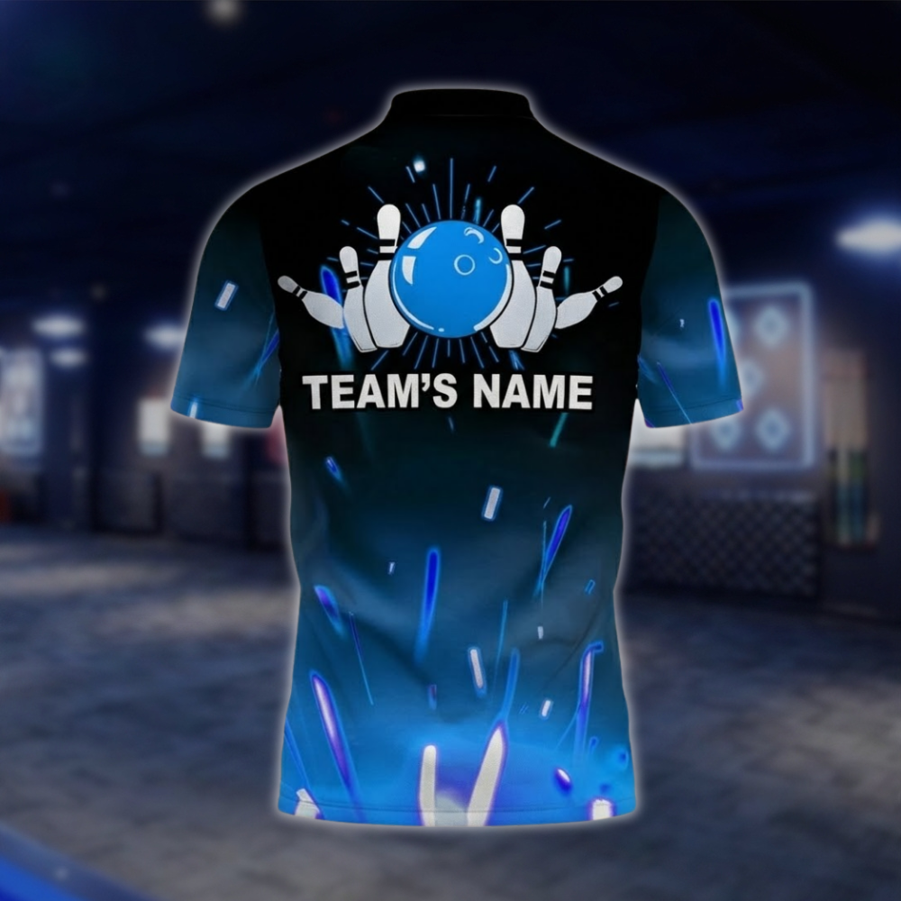 Personalized Blue Lightning Mens Bowling Team Polo Shirt, Custom Bowling Shirt Black Blue BZ0750